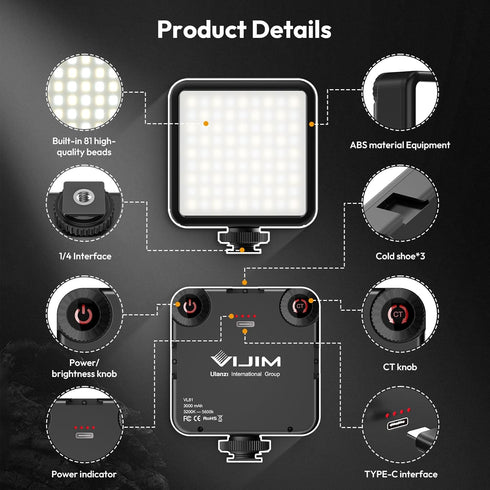ULANZI VL-81 3200K-5600K CRI95 3000mAh Camera Phone Selfie Light with Clip & Cold Shoe, Bi-Color Portable LED Video