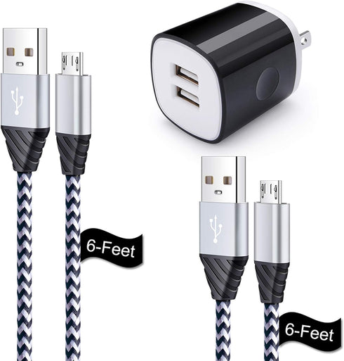 6FT Fast Charger Micro USB Cable & 2.1A Dual Wall Charger for LG Stylo 2/3, G3/G4, K30/K20 Plus, Kindle Fire 7/8/10.