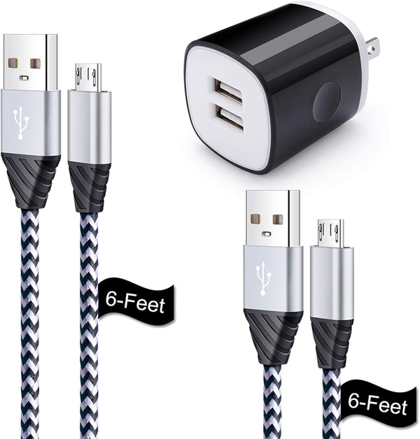 6FT Fast Charger Micro USB Cable & 2.1A Dual Wall Charger for LG Stylo 2/3, G3/G4, K30/K20 Plus, Kindle Fire 7/8/10.
