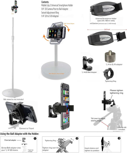 ChargerCity 360° Swivel Adjust Smartphone Holder with Tripod Microphone Stand Adapter for All Smartphones up to 3.6"