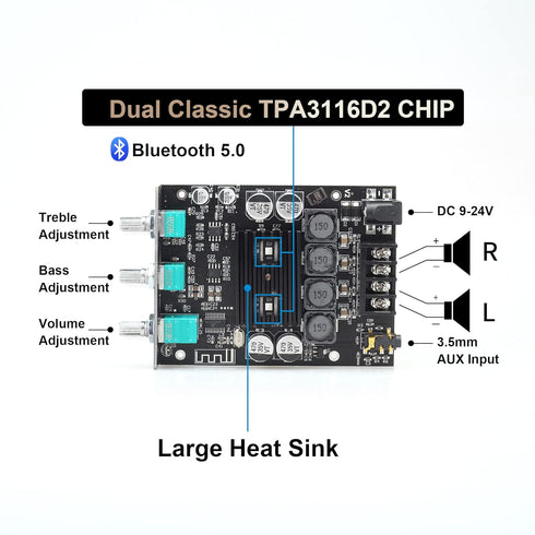 ZK-1002T Bluetooth Amplifier Board, 2.0 Channel Class-D Amplifier with Treble and Bass Control, 100W+100W Power Output