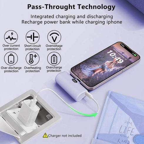 Mini Portable Charger for iPhone, 5000mAh Ultra Compact Power Bank with Built-in Phone Holder, Compatible with 14/13/12