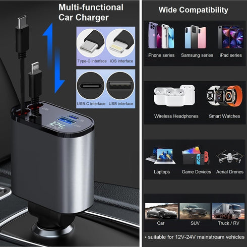 Retractable Car Charger Fast Charging, 66W 4-in-1 USB C Adapter, Compatible with iPhone 15/14/13/12 Pro Max, iPad,