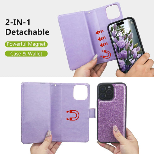 Varikke for iPhone 12 Wallet Case, Detachable with Card Holder, Fashion Glitter Leather Strap, Light Purple