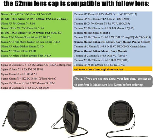 62mm Snap-On Lens Cap for Nikon Nikkor Z 50-250mm/85mm F1.8D/105mm F2.8G 60mm F2.8 Lens for Z50, Sony RX10 CX900E