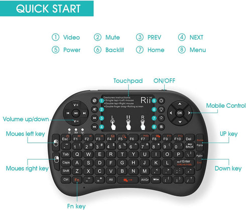 Rii Mini Wireless Keyboard with Touchpad, Backlit Portable for Laptop/PC/Tablets