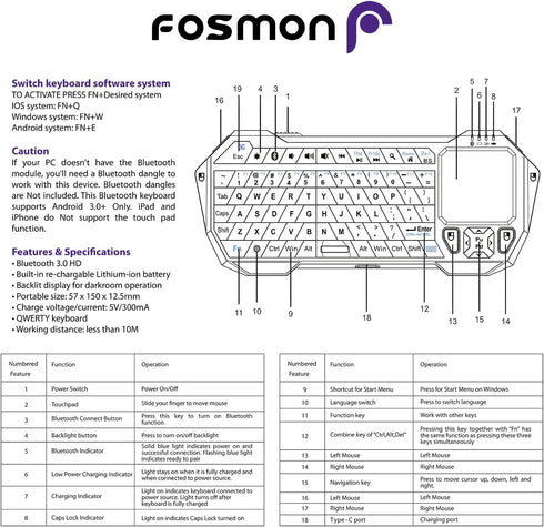 Fosmon Mini Bluetooth Keyboard (QWERTY Keypad), Wireless Portable with Touchpad, Compatible with Apple TV, PS4, PS5