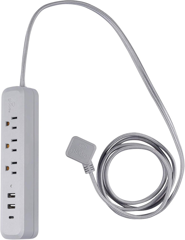 Globe Electric 6-ft 3-Outlet USB Surge Protector Power Strip, 2x USB-A, 1x USB-C, Right Angle Plug, Gray