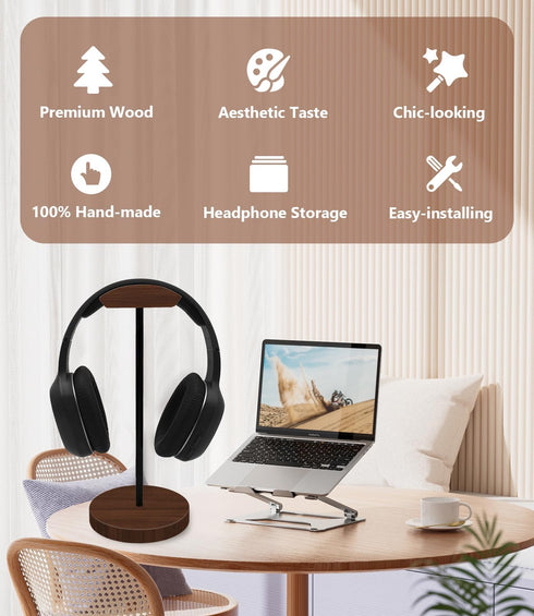 Headphone Holder Stand for Desk, Wood and Metal Gaming Holder with Solid Wooden Base for All Headsets