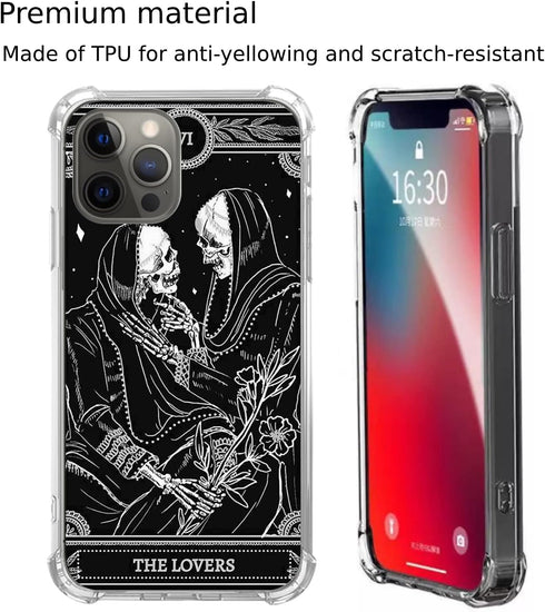 The Lovers Tarot Card Skull Black Case for iPhone 12/12 Pro, Trippy Psychedelic Aesthetic Cool Skeleton Cover