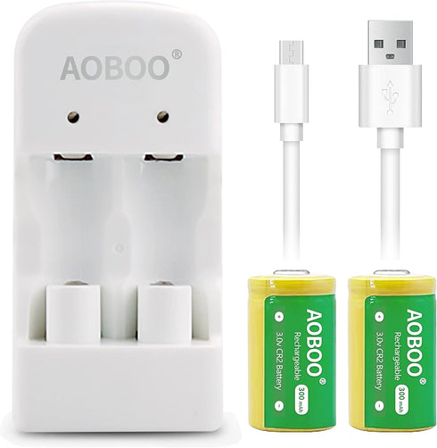 AOBOO 2pcs CR15H270 3V CR2 300Mah Rechargeable Battery with USB Charger,for Photo camera