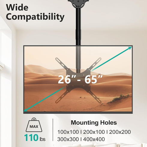 WALI TV Ceiling Mount Adjustable Bracket for 26 to 65 Inch Displays, Up to 110 Lbs, Mounting Holes 400x400mm