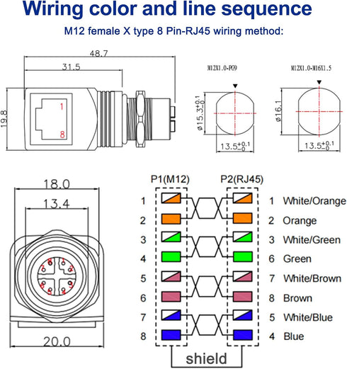 RJ45 to M12 X Coded 8 Pin Adapter, IP68 Shielded Industrial Ethernet Adapter for Basler Cognex Camera Sensor