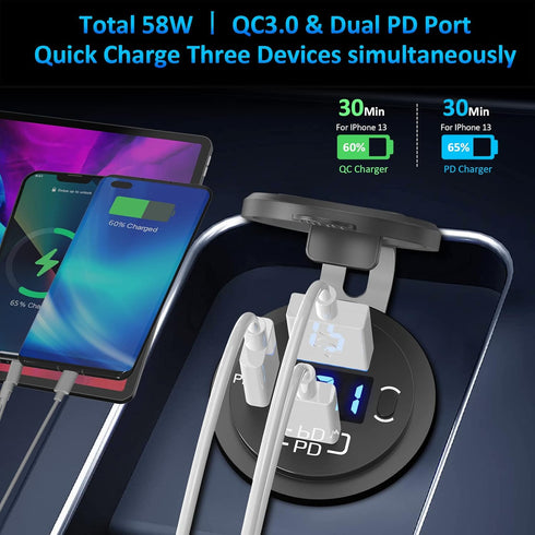 12V USB Outlet Qidoe USB C Car Charger Socket Dual PD 30W and 18W QC3.0 Port USB Car Socket with Voltmeter Button Switch Lengthened Waterproof USB Power Outlet for Car Boat Marine RV Vehicle