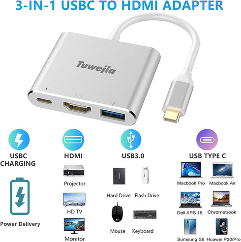 Tuwejia USB C to HDMI Multiport Adapter, USB 3.1 Gen 1 Thunderbolt 3 to HDMI 4K Video Converter