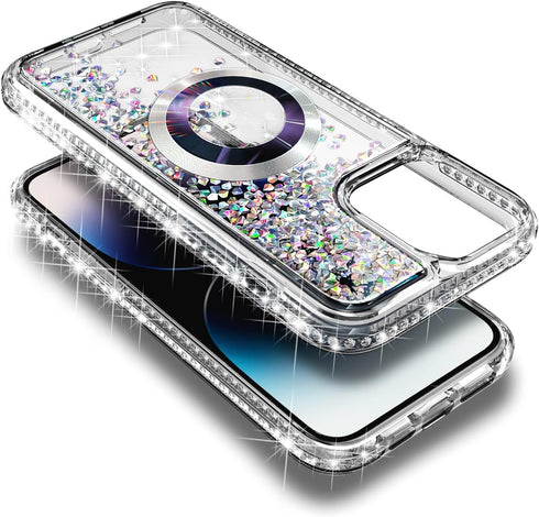 iPhone 15 Pro Max Magnetic Case with Tempered Glass Screen Protector, Glitter Floating Liquid Cute Design, Diamond