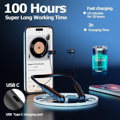 Neckband Bluetooth Headphones, 100 Hours Long Playtime Wireless Earphone, Around The Neck Wireless Earbuds, Waterproof
