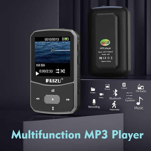 RUIZU 64GB Clip MP3 Player with Bluetooth 5.3, Portable Music Player with Voice Recorder, FM Radio, Black