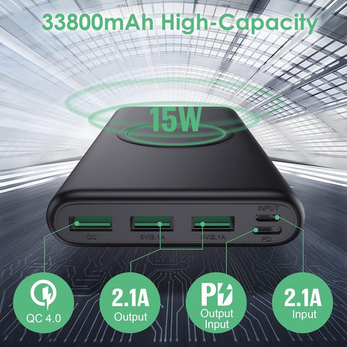 HETP 33800mAh 15W 25W 4.0 5 Pack 16/15/14/13/12 Wireless Portable Charger Power Bank, Fast Wireless Charging PD QC
