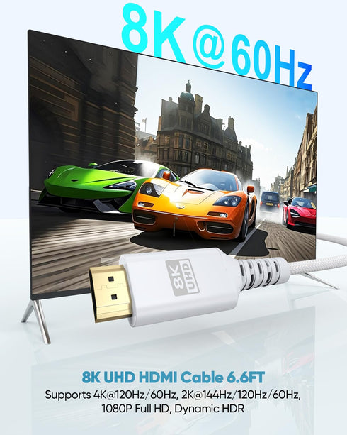 8K 6.6FT/2M, 48Gbps 2.1 8K@60Hz, 4K@120Hz, HDR10+, Dolby, 3D, HDCP2.3 Laptop/Monitor/HDTV/Soundbar/Blu-ray/PS5/Xbox