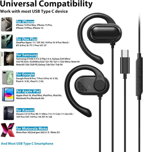 USB C Headphones Over-Ear Buds Hooks Wired Earbuds & Mic for Sports Running, Volume Control, USB Type C Open Ear