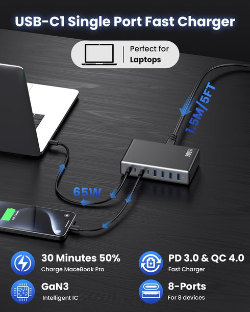 200W USB C Charger Block, GaN III 8-Ports Charging Station Hub + PD 65W Laptop Charger for MacBook, iPhone 16/15, Black