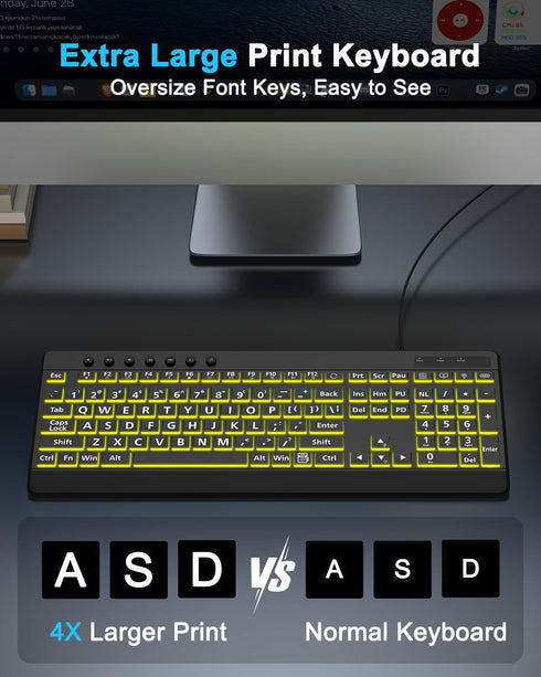 EDJO 7-Colors Large Print Backlit Wired Keyboard, Light Up USB Keyboard with Backlight, Oversize Letters Keys Full Size
