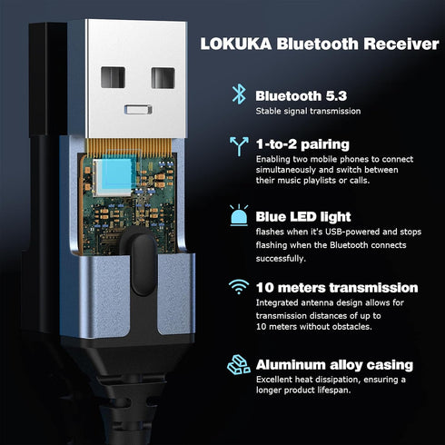 LOKUKA 5.3 3.5mm 8-Strand Bluetooth to Aux Adapter for Car or Speaker, Bluetooth Receiver with Single Crystal Copper