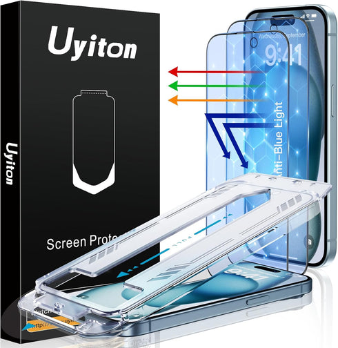 Uyiton Anti-Blue Light for iPhone 15 Screen Protector - Unbreak-Glass Full Coverage