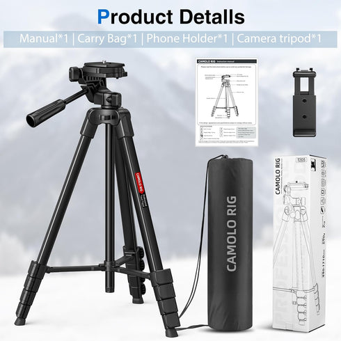 CAMOLO RIG 17-67.3 Inch Camera Tripod with Phone Holder, Camera Tripod Adjustable Height, Cold-Shoe Mount, Carrying Bag
