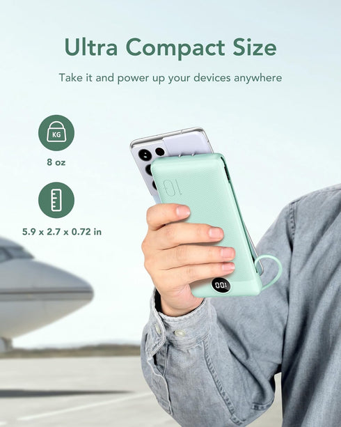 VEGER Portable Charger for iPhone - 10000mAh Slim Fast Charging USB C Power Bank with Built-in Cables, Travel Essential