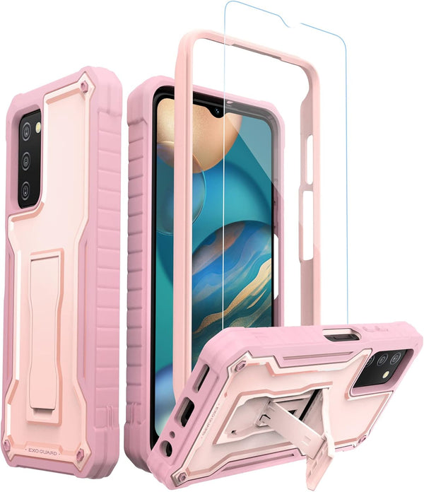 ExoGuard Rubber Shockproof Case for Samsung Galaxy A03S 5G, with Screen Protector and Built-in Kickstand (Pink)