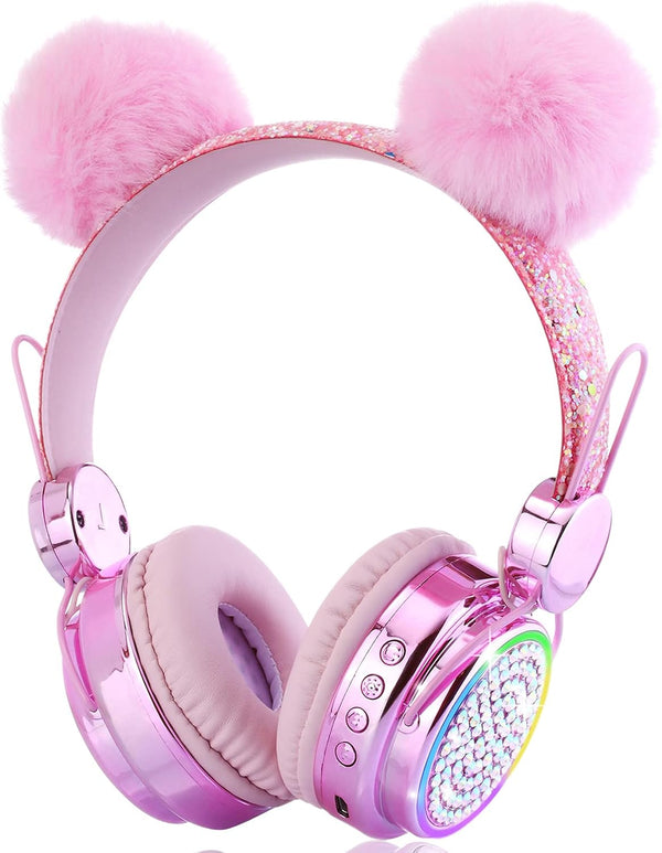 Kids Bluetooth Headphones with Microphone, LED Light Up Wireless Girls Headphones for School and Travel