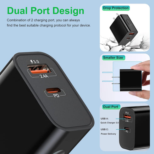 20W USB C Fast Charger + Quick Charge 3.0 Wall Charger, Bangfun 5 Pack Dual Port Power Adapter, Black