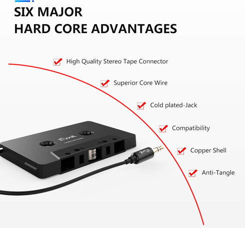 Elook Car Cassette Aux Adapter Kit with Smartphone to 3.5mm Headphone Jack Adapter for Phone, MP3, Black