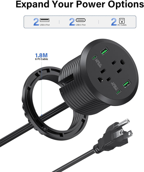 Jgstkcity Grommet 3-inch Hole,40W 2 20W 2 Outlets,4 Desk,6ft Desktop Power Total Fast Charging Station, PD USB C