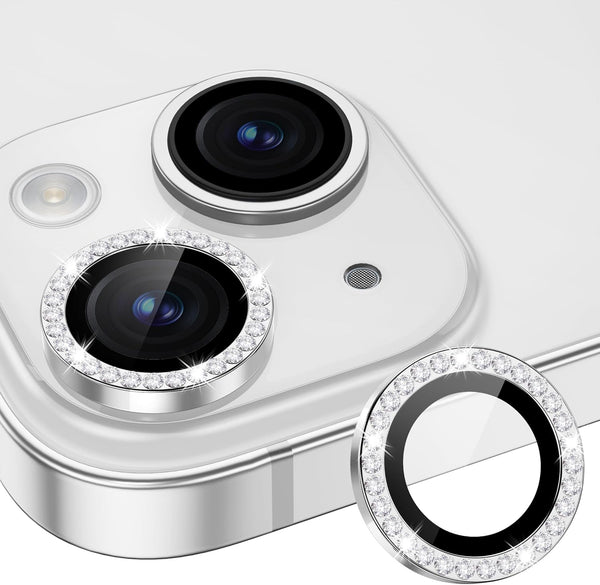 Xfilm 9H Hardness Camera Lens Protector for iPhone 15/15 Plus - Stylish Silver Diamond, Scratchproof & Case Friendly.