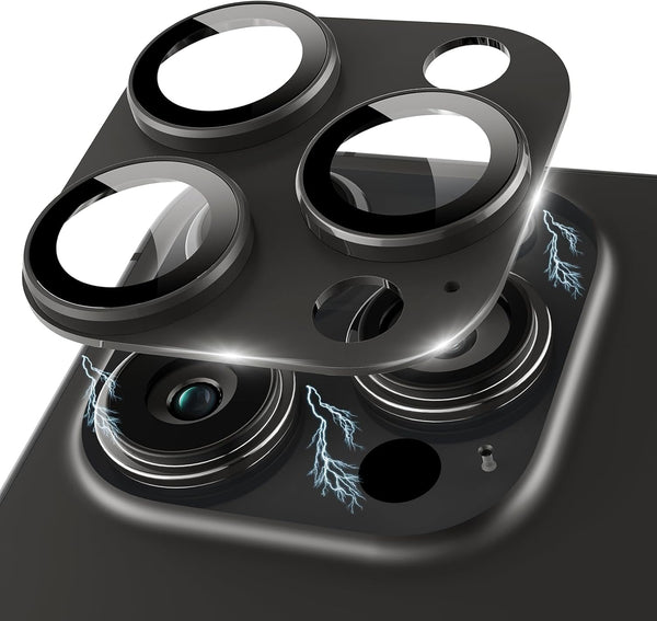 3D Metal Tempered Glass Camera Lens Protector for iPhone 15 Pro/Pro Max - Anti-Explosion Black Cover