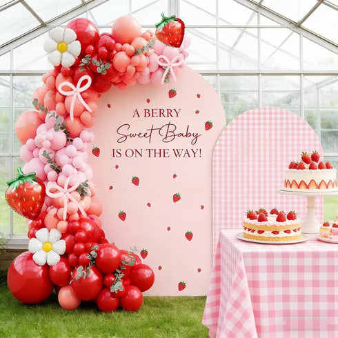 agogos 2 Covers,Set 2(6FT/5FT) Pcs A Berry Sweet Baby is ON The Way Arch Backdrop of Pink Plaids Strawberry Theme Arch