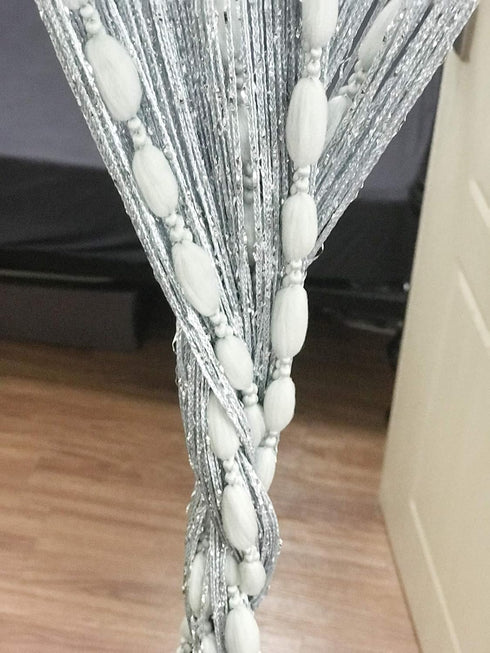 Flat Silver Ribbon Thread Door String Curtain with Shaggy Tassel Room Divider, 39’’x79’’ (Grey-style2)