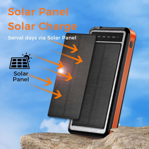 Outdoor Solar Portable Power Bank with Wireless Charging, 10000mAh Battery, IP65 Waterproof, LED Flashlight