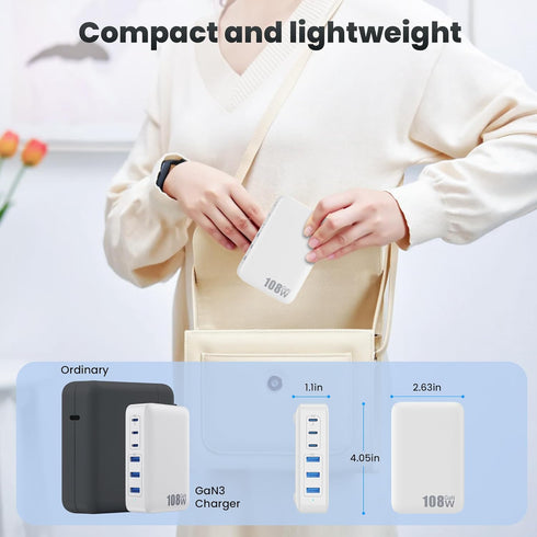 USB C Charger 108W, Upgraded GaN III 6-Port Fast USB Charging Station Hub, 3xQC+3xPD3.0 Phone Charger Adapter for