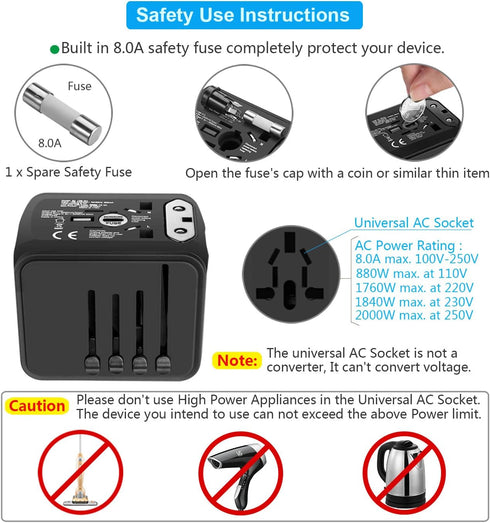 Universal Travel Power Adapter with High Speed 2.4A USB, 3.0A Type-C, Worldwide AC Outlet Plugs, Black