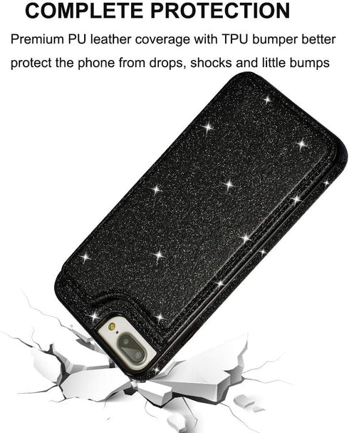 UEEBAI Case for iPhone 7 Plus 8 Plus, Premium Glitter PU Leather Wallet Cover with Card Slots, Black