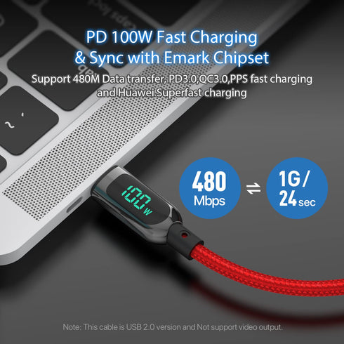 SOOPII 100W 4ft USB C to USB C Cable Fast Charge, Nylon Braided Cable with LED Display for iPhone 15/15 Pro/15 Plus/15