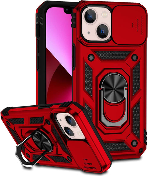Hitaoyou Military Grade Shockproof Case for iPhone 13 - Heavy Duty Protective Case with Camera Cover & Kickstand - Red