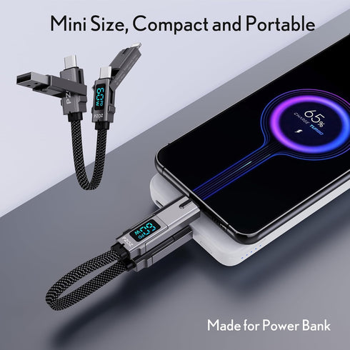 pzoz Portable Keychain Charger Short Cable with LED Display, 4-in-1 Multi USB C Fast Charging Combo for iPhone iPad