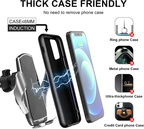 Car Phone Mount, Auto-Clamping Smart Sensor 10W Qi Fast Charging Holder for iPhone 12/12 Pro Max/Samsung S20, 4.7-6.7