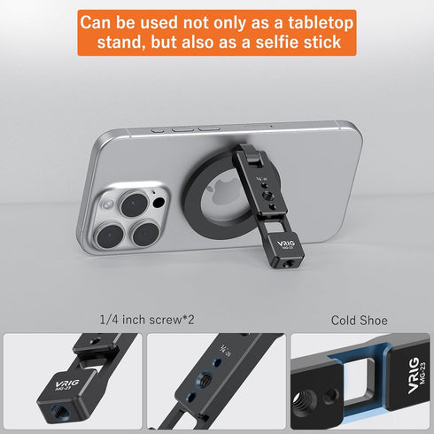 VRIG 1/4" MG-23 Magnetic Phone Tripod Mount for iPhone, Foldable Metal Phone Holder with Double Screw Holes and Cold