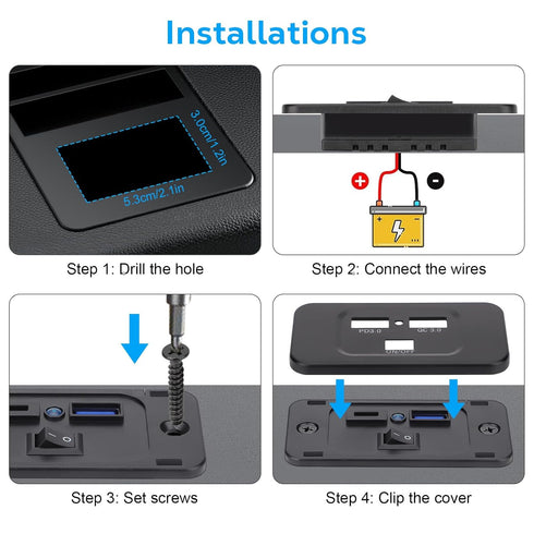 Linkstyle 12V USB Outlet, 36W QC3.0 USB-A & 30W PD3.0 USB-C Charger Socket with Blue Indicator for Marine Trunk